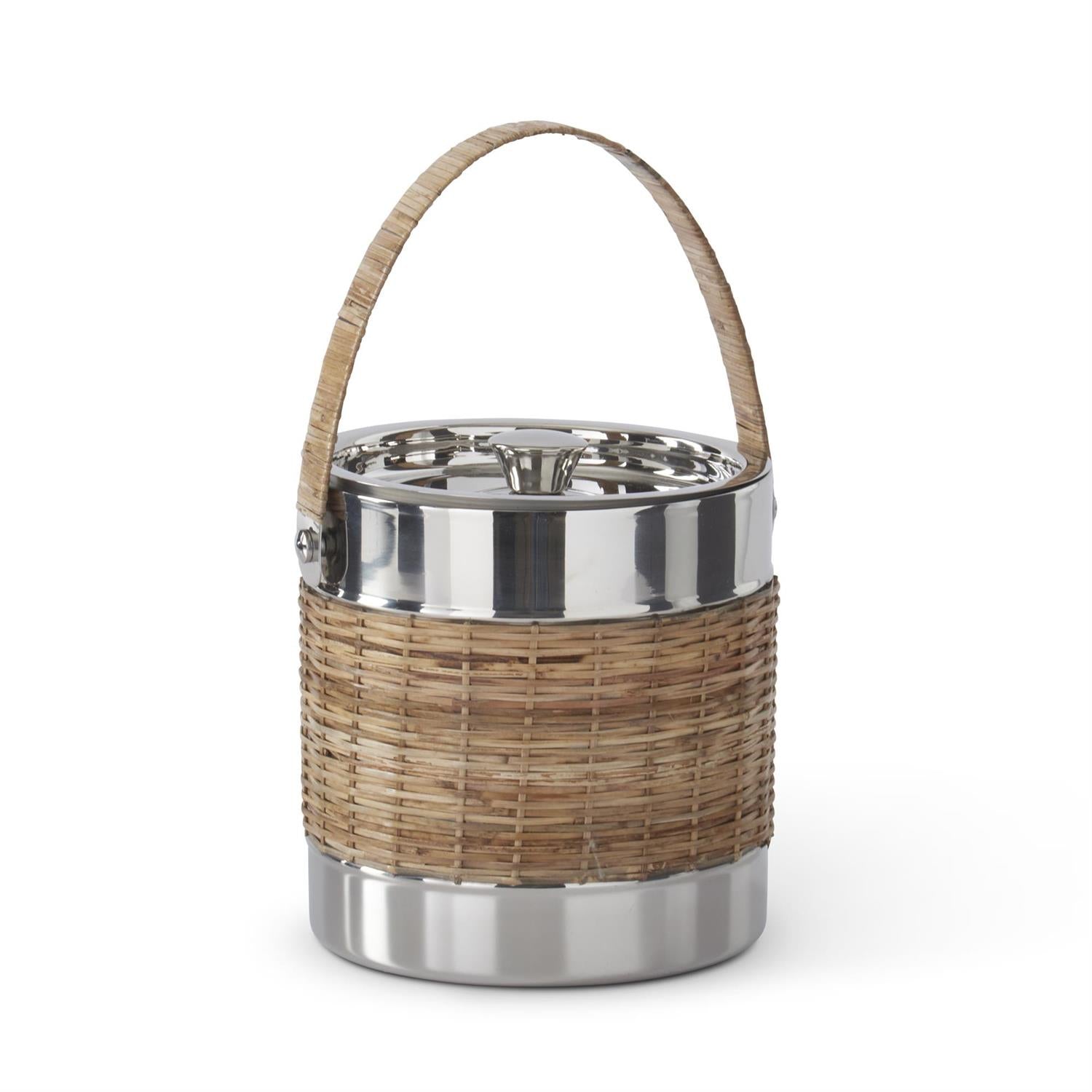 An image of K&K Interiors 7.5" Silver and Woven Cane Ice Bucket