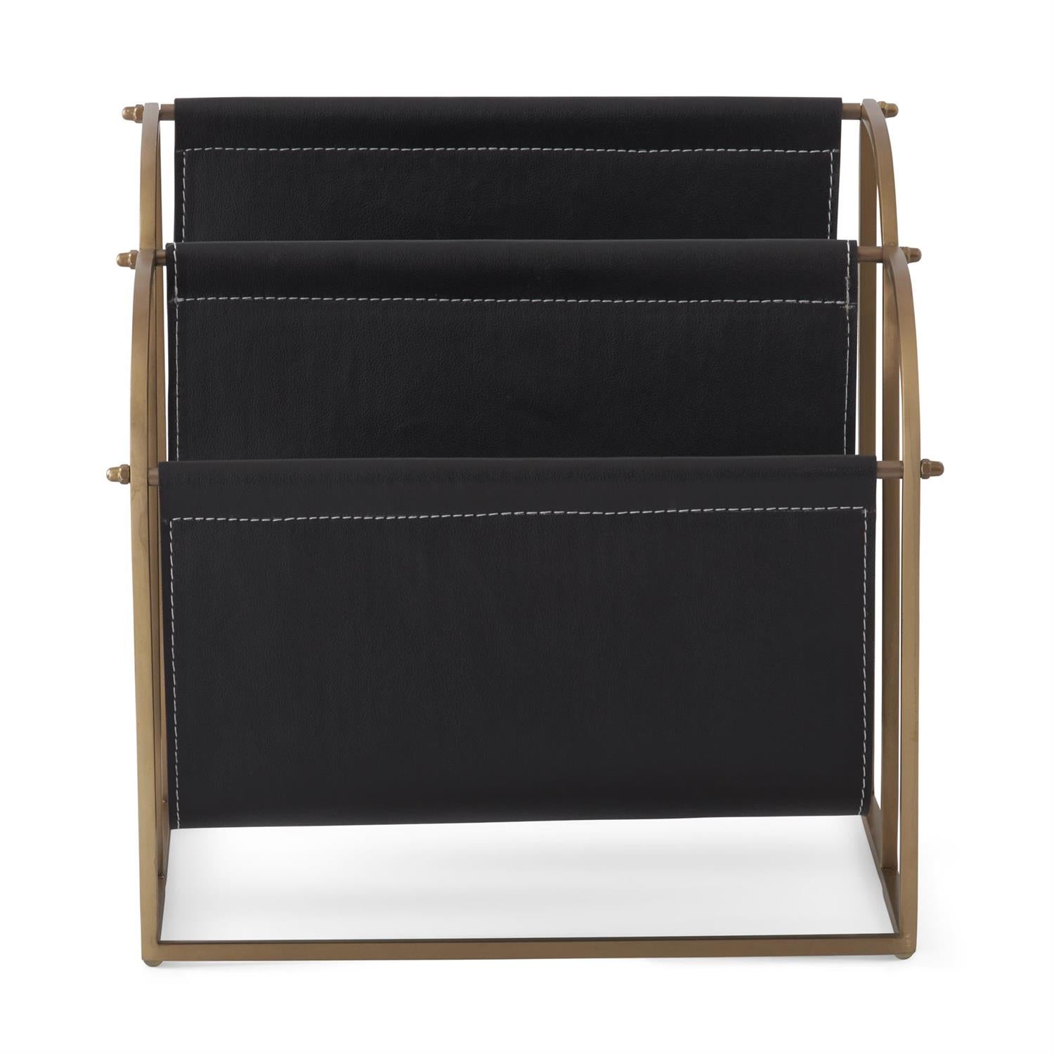 An image of K&K 13" Antique Gold & Black Vegan Leather Magazine Rack