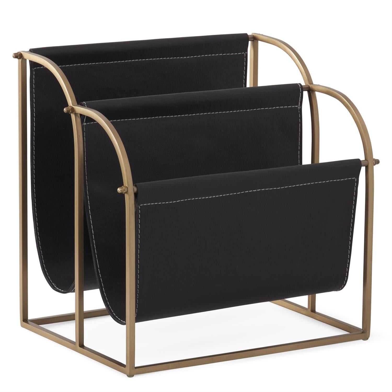 An image of K&K 13" Antique Gold & Black Vegan Leather Magazine Rack