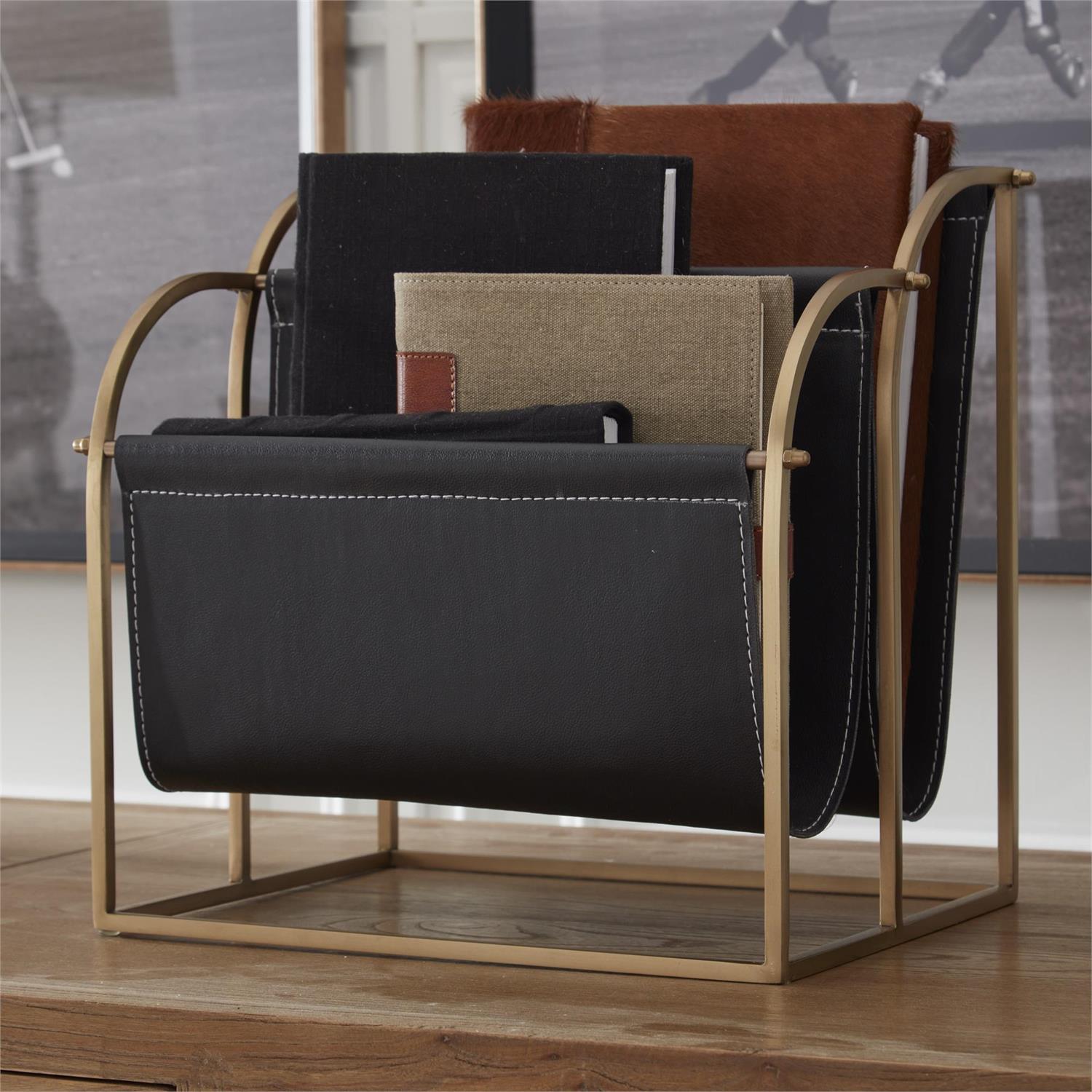 An image of K&K 13" Antique Gold & Black Vegan Leather Magazine Rack