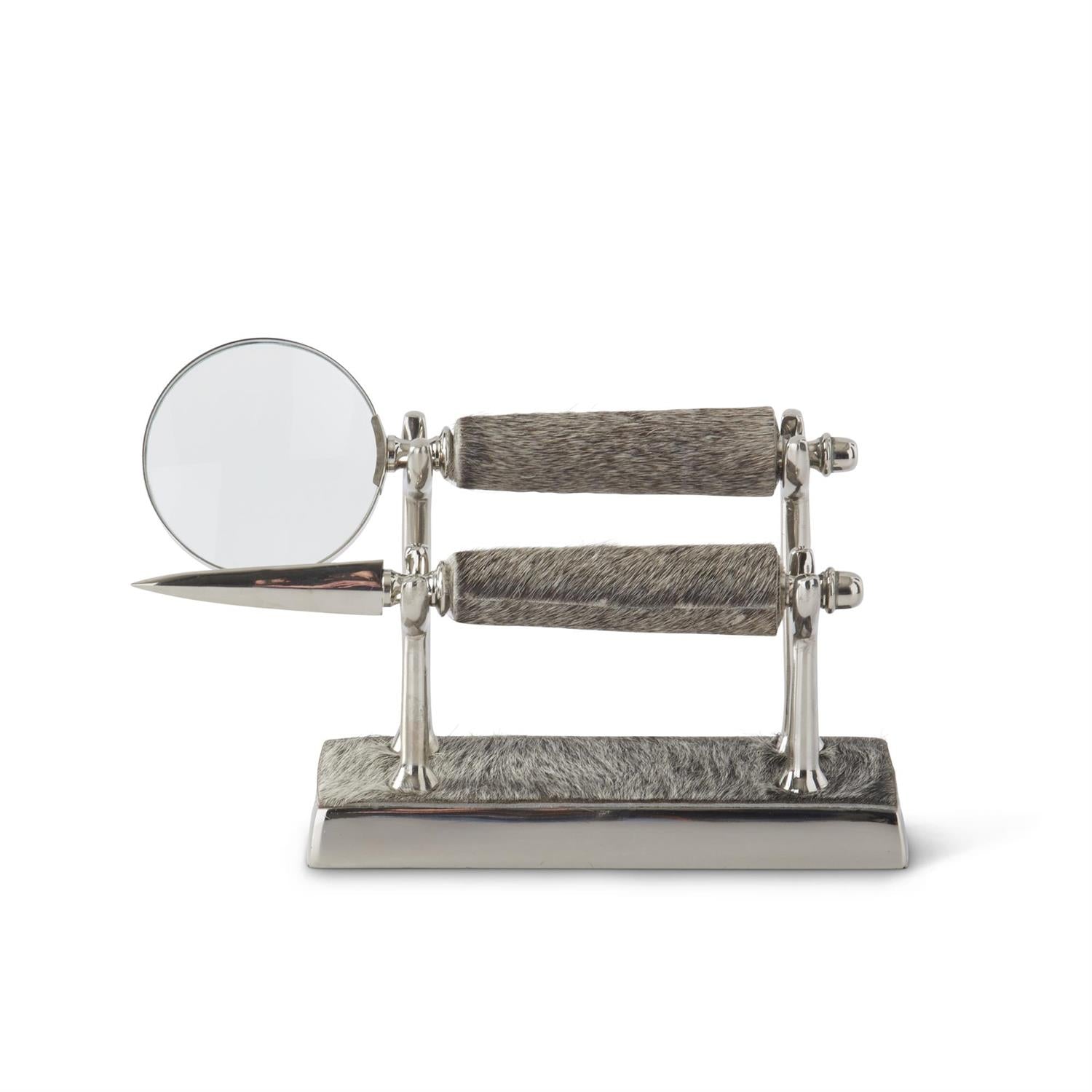 An image of K&K Interiors 6" Gray Hide Magnifying Glass and Letter Opener