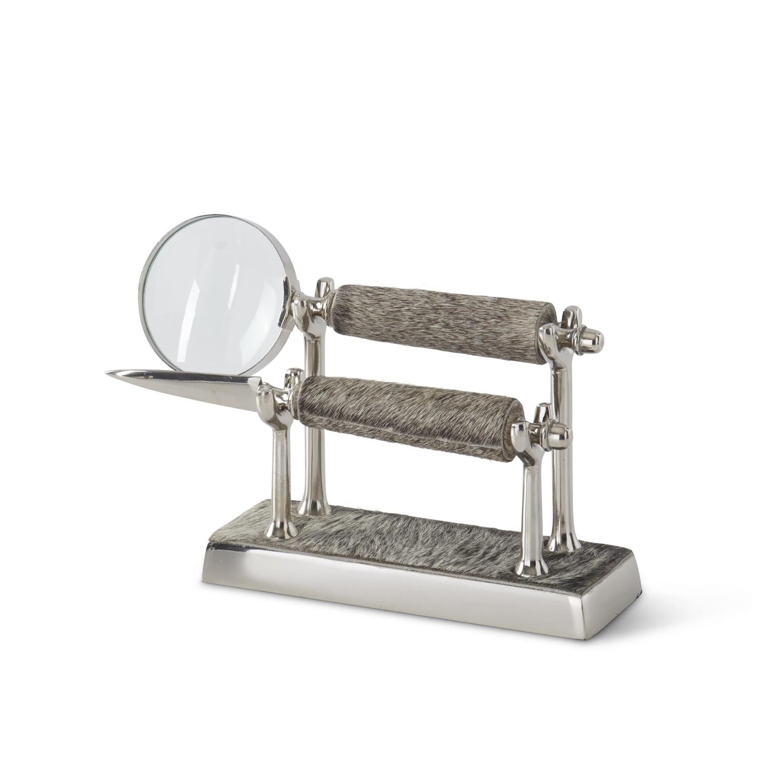 An image of K&K Interiors 6" Gray Hide Magnifying Glass and Letter Opener