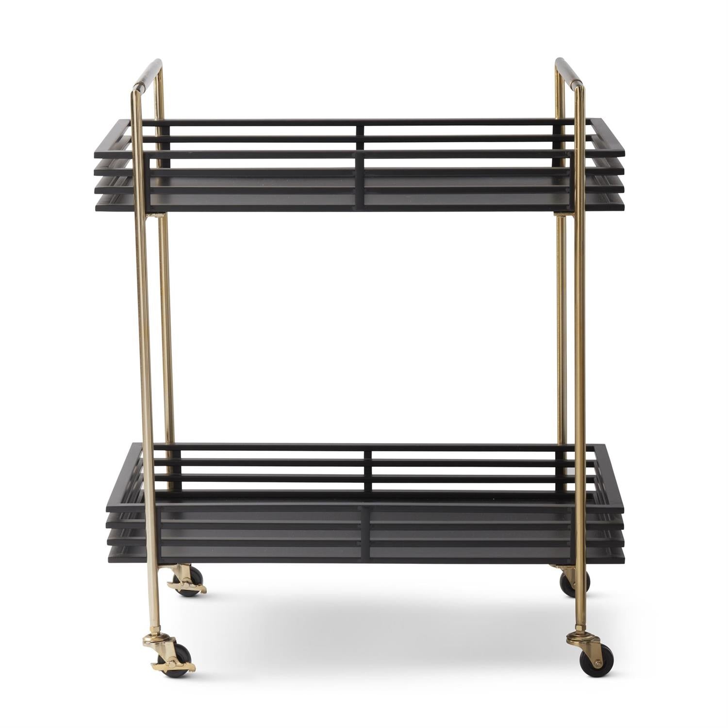 An image of K&K Interiors 34" Rectangular Brass and Black Metal Bar Trol
