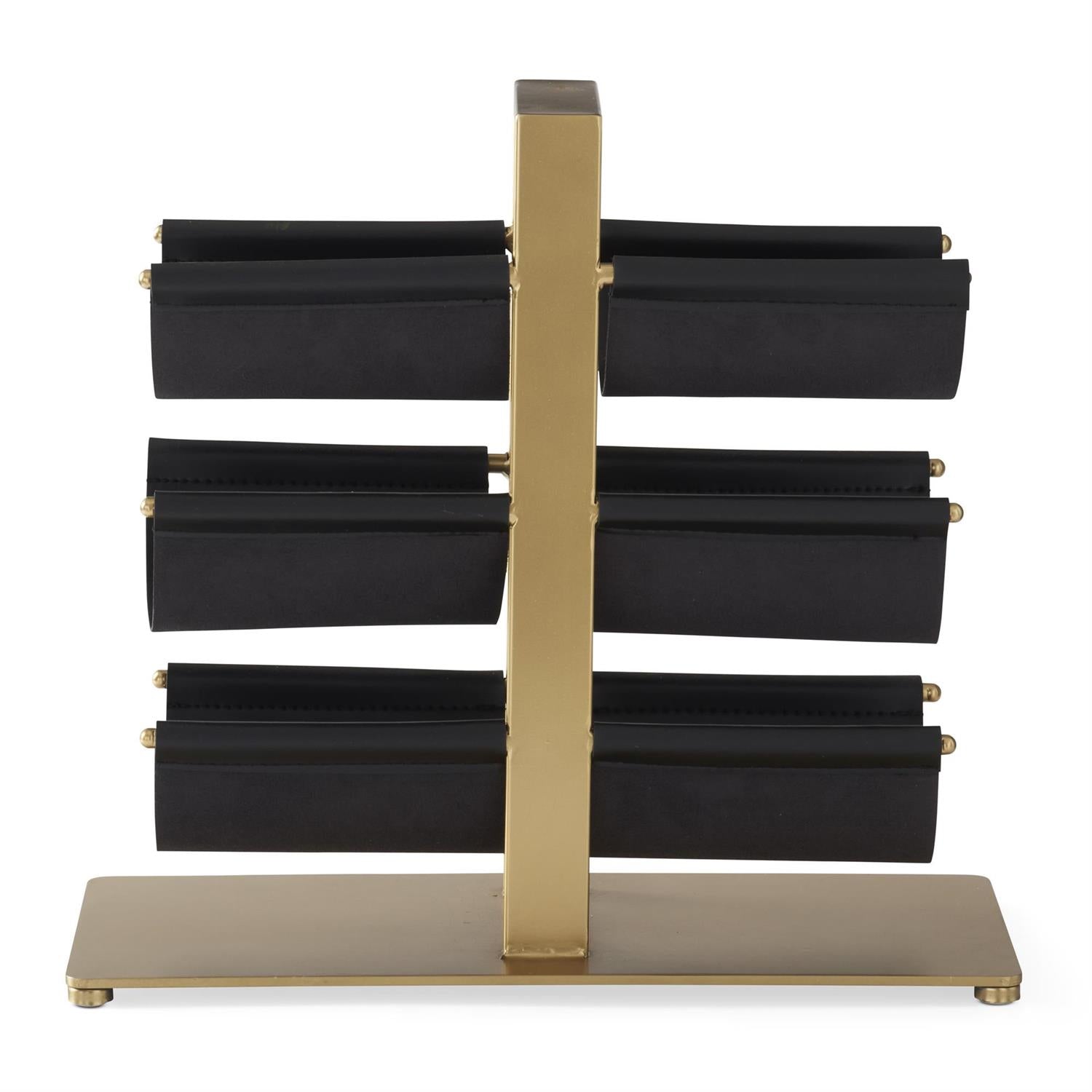An image of K&K Interiors 16.5" Black Faux Leather and Brass Wine Bottle Storage