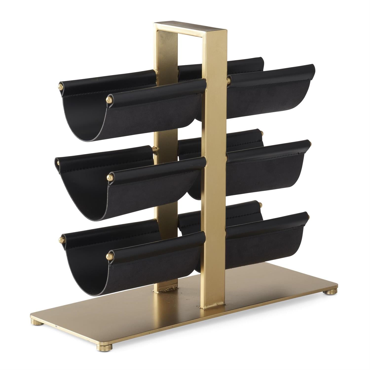 An image of K&K Interiors 16.5" Black Faux Leather and Brass Wine Bottle Storage