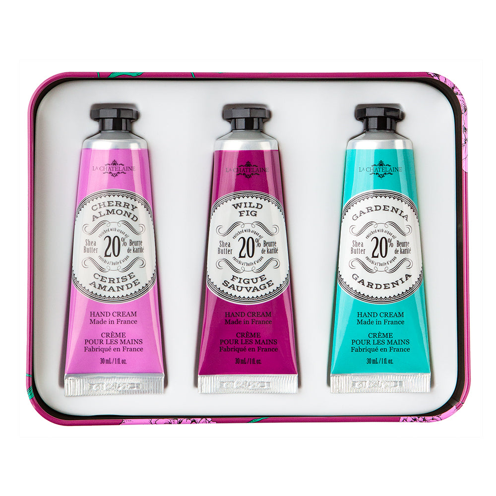 An image of La Chatelaine Hand Cream Trio Gift Set - Cherry Almond, Wild Fig, Gardenia