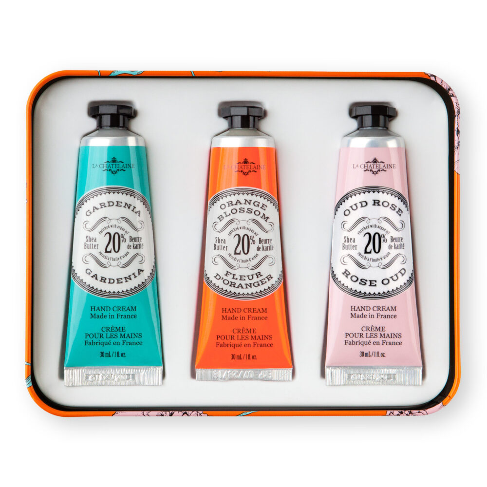 An image of La Chatelaine Hand Cream Trio Gift Set - Gardenia, Orange Blossom, Oud Rose