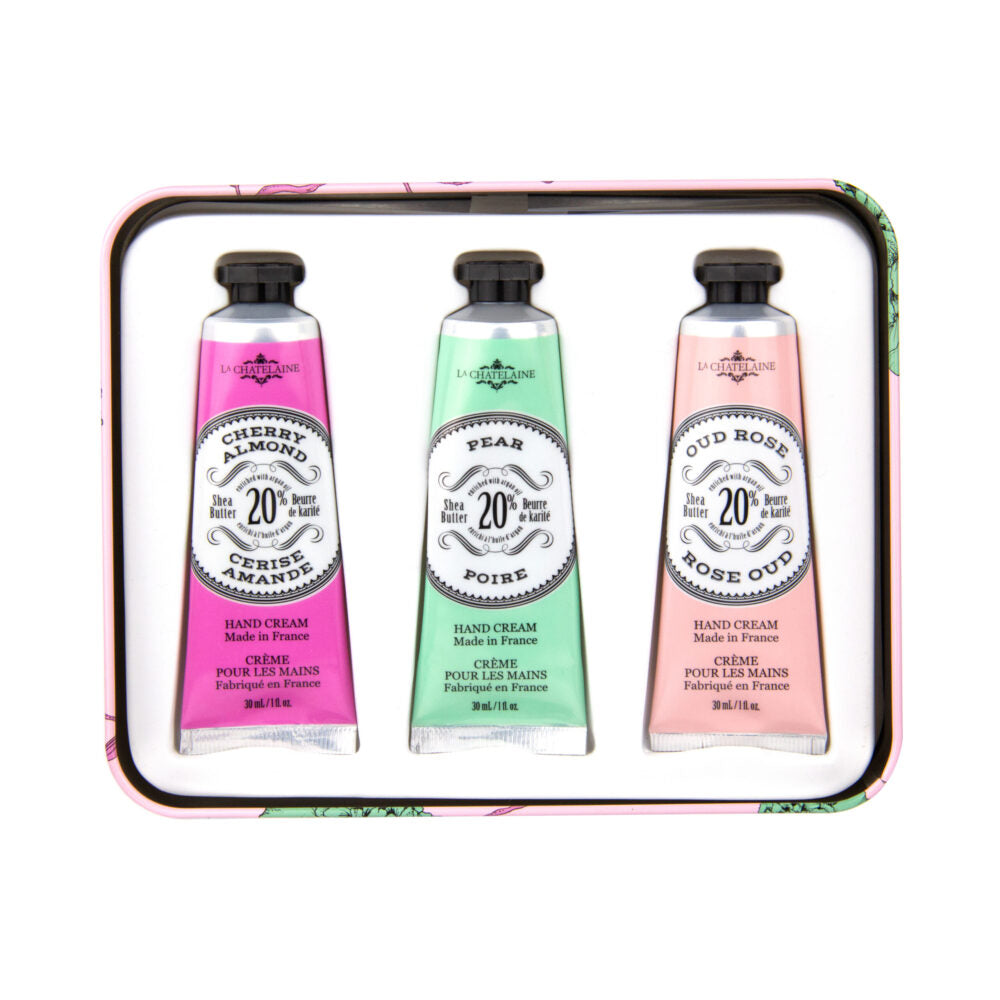 An image of La Chatelaine Hand Cream Trio Gift Set - Cherry Almond, Pear, Oud Rose