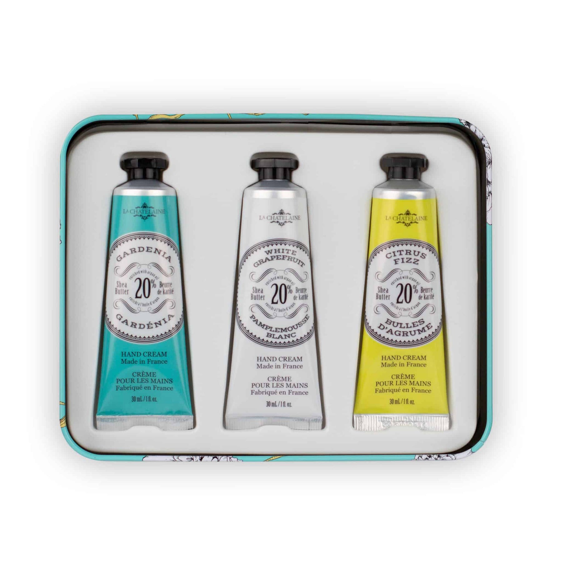 An image of La Chatelaine Hand Cream Trio Gift Set - Gardenia, White Grapefruit, Citrus Fizz