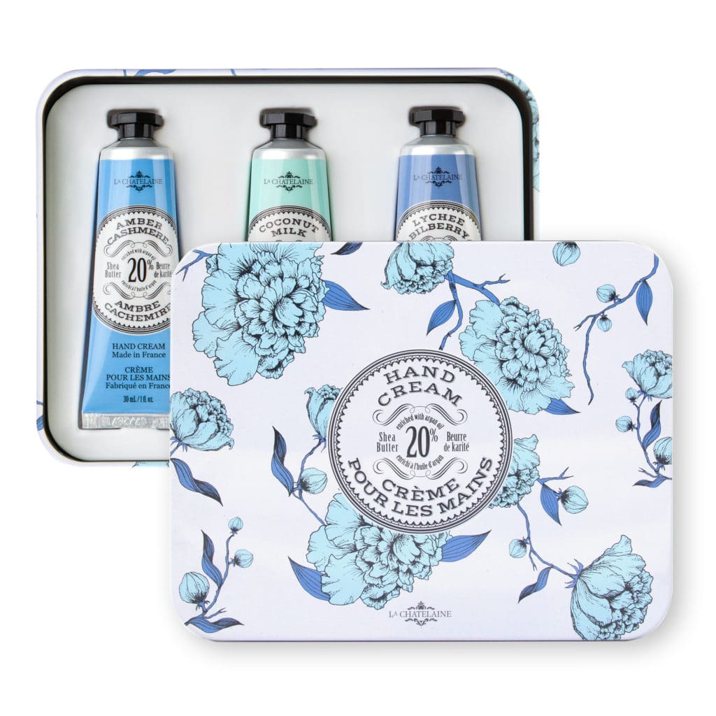 An image of La Chatelaine Hand Cream Trio Gift Set - Amber Cashmere, Coconut Milk, Lychee Bilberry