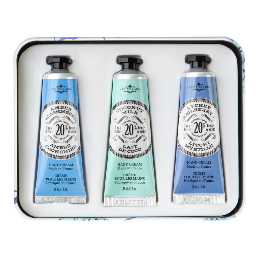 An image of La Chatelaine Hand Cream Trio Gift Set - Amber Cashmere, Coconut Milk, Lychee Bilberry