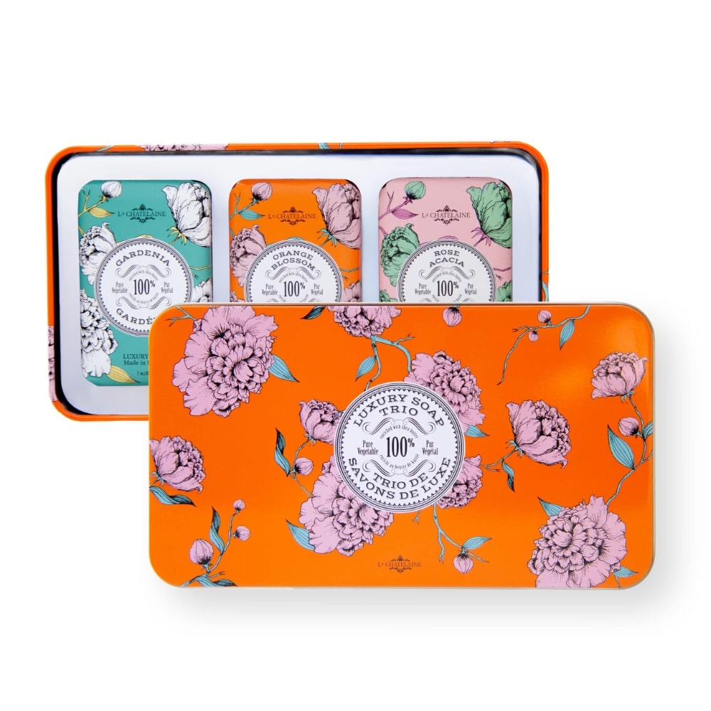 An image of La Chatelaine Luxury Soap Trio Gift Tin - Gardenia, Orange Blossom, Oud Rose