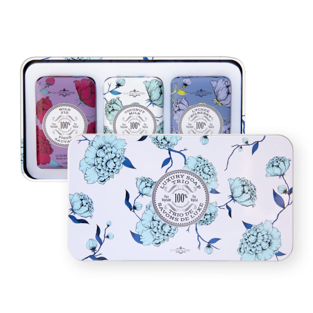 An image of La Chatelaine Luxury Soap Trio Gift Tin - Wild Fig, Coconut Milk, Lychee Bilberry