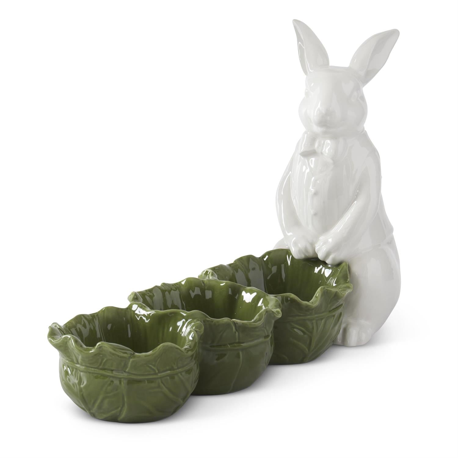 An image of K&K Interiors White & Green Divided Cabbage Bowls with Rabbit