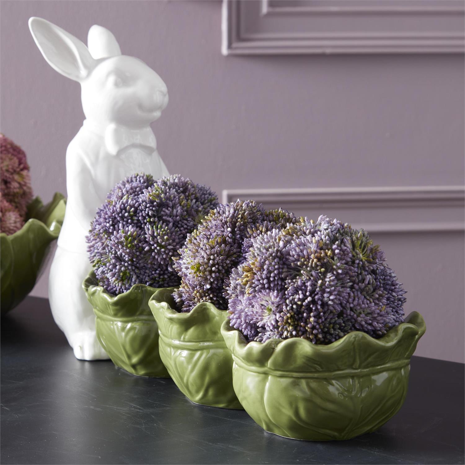 K&K Interiors White & Green Divided Cabbage Bowls with Rabbit