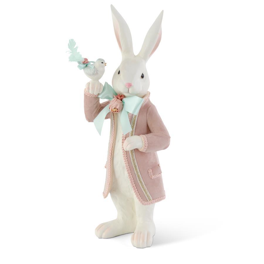 K&K Interiors Easter Bunny in Pink Velvet Coat with Bird