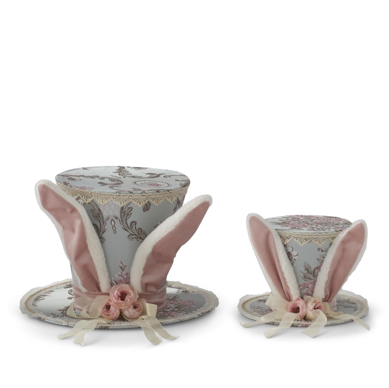 An image of K&K Interiors Blue Floral Patterned Top Hats with Bunny Ears - Set of 2