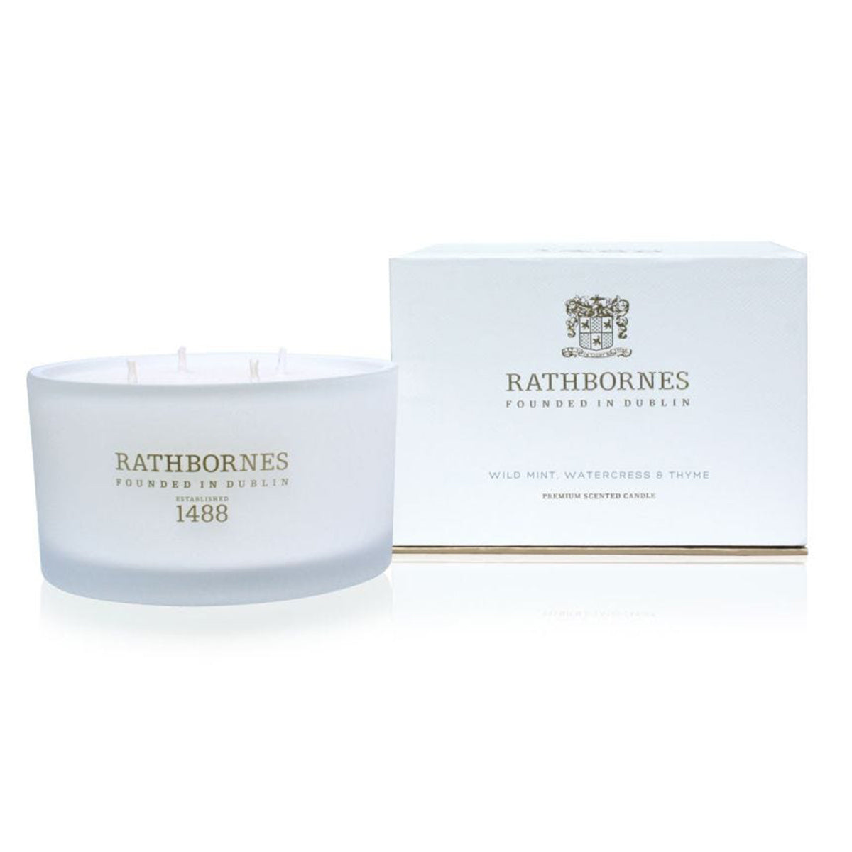 An image of John Rathbornes Wild Mint, Watercress & Thyme 4-Wick Candle 13.75 oz