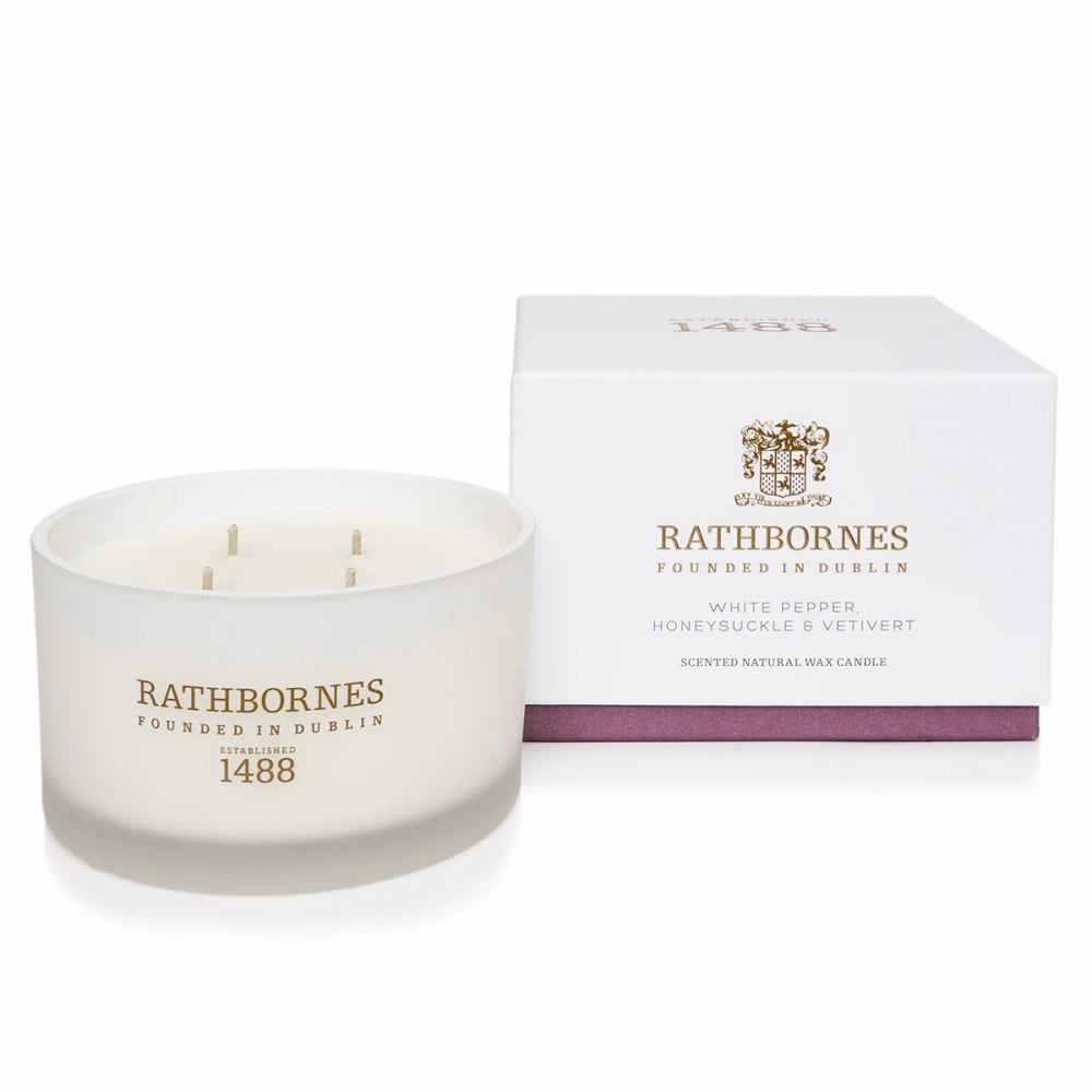 An image of Rathbornes White Pepper, Honeysuckle & Vetivert Luxury Candle