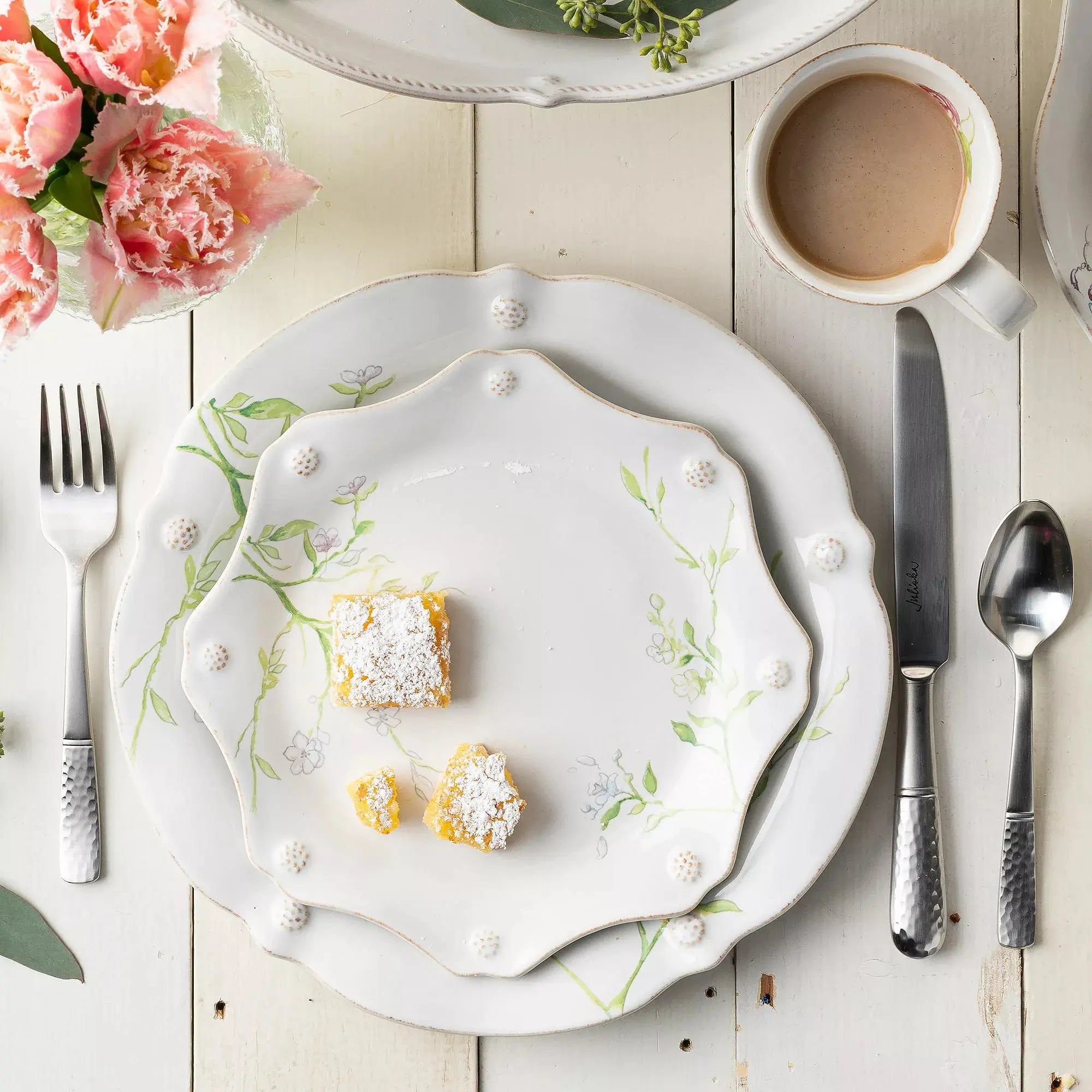 Juliska Berry and Thread Floral Sketch Jasmine Dessert Salad Plate with silverware on a table