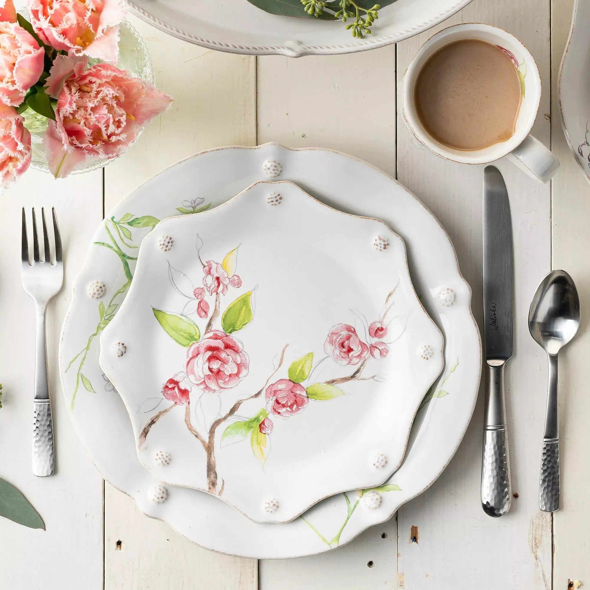 Juliska Berry and Thread Floral Sketch Camellia Dessert Salad Plate with silverware on a table