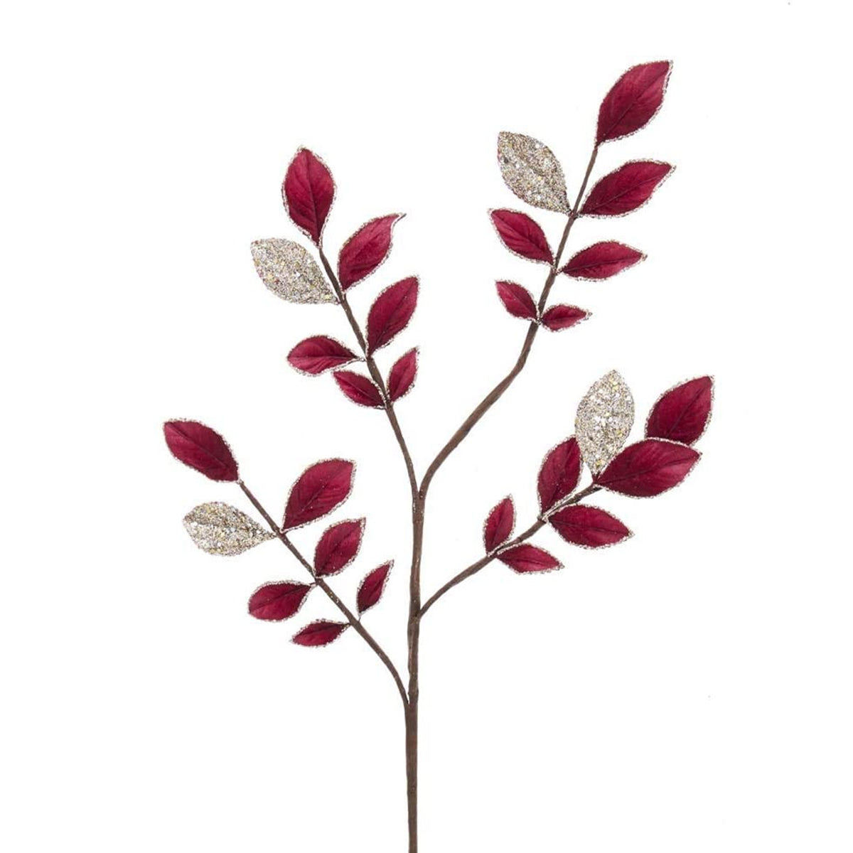 An image of Kurt Adler Burgundy Platinum Leaf Spray