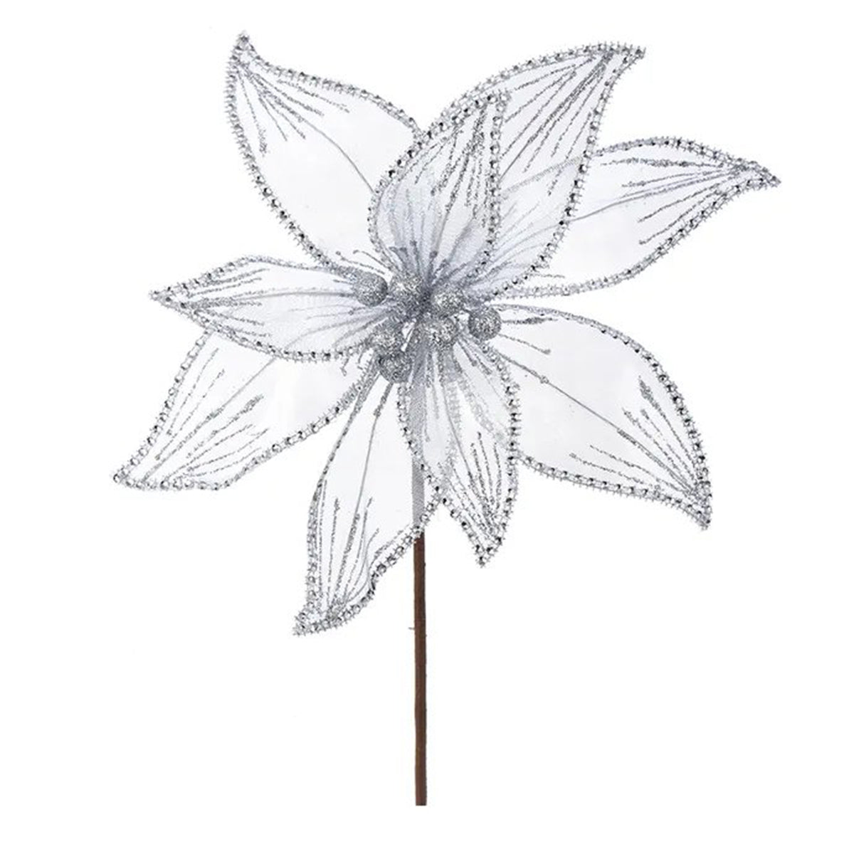 An image of Kurt Adler Sheer Silver Poinsettia Pick