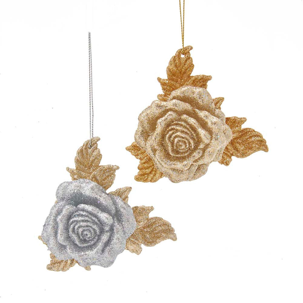 An image of Kurt Adler Gold Silver Glitter Rose Ornament