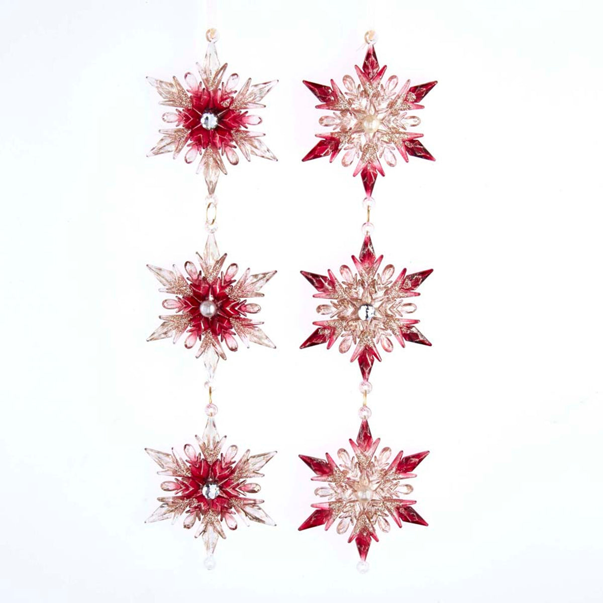 An image of Kurt Adler Burgundy and Gold Snowflake Dangle with Glitter