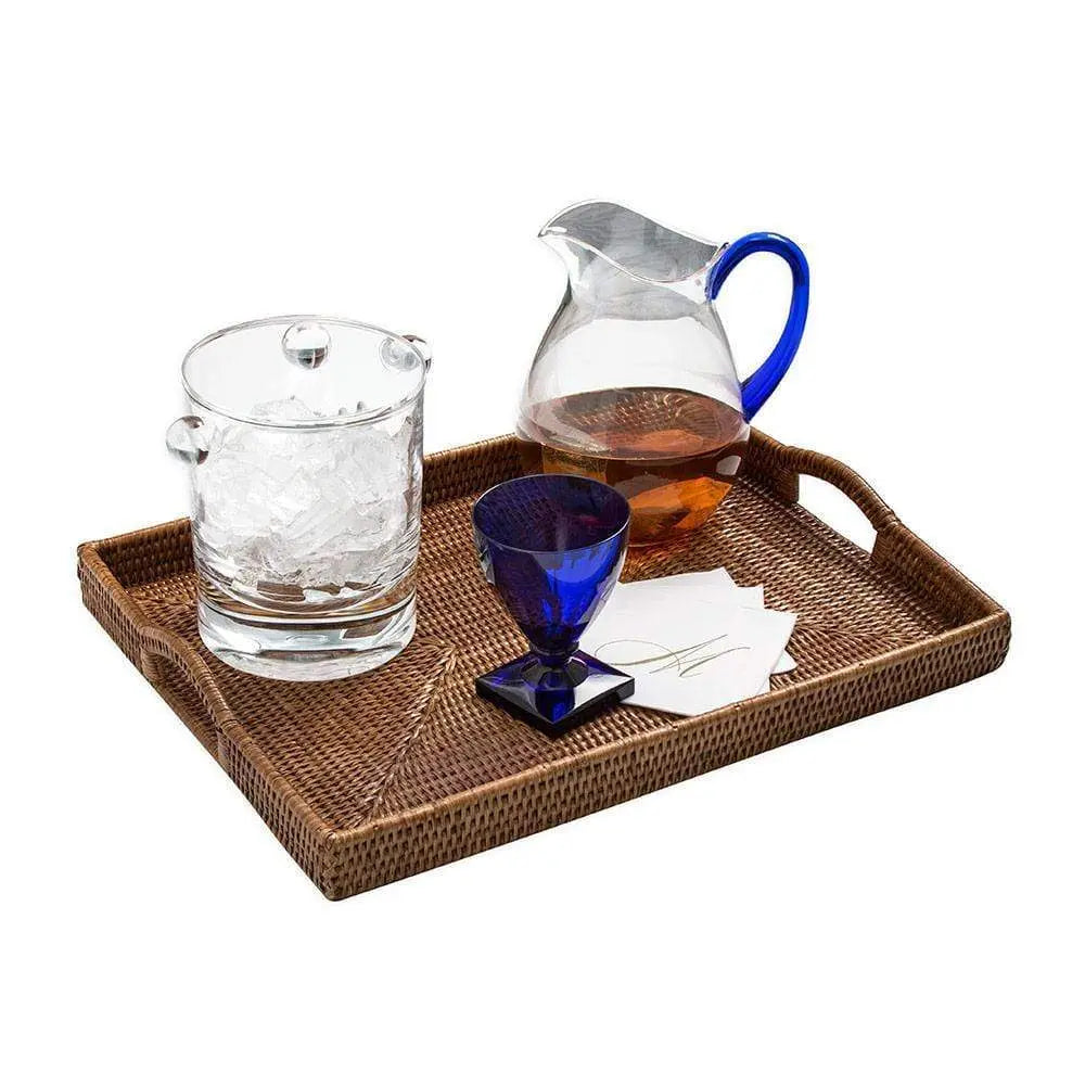 Caspari Crystal Clear Acrylic Ice Bucket and Lid  on a wood tray with a pitcher and drinkware set aside it