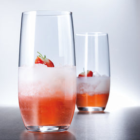 A pair of Filled Fortessa Banquet Long Drink glasses with a strawberry