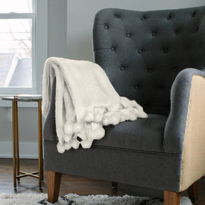 A Soft Idea Mohair Throw with Faux Fur Pompoms Throw