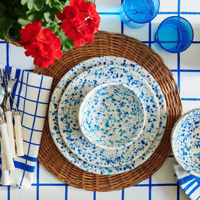 Blue Pheasant Sconset Spongeware Cereal Ice Cream Bowl and plate collection on a table with flowers