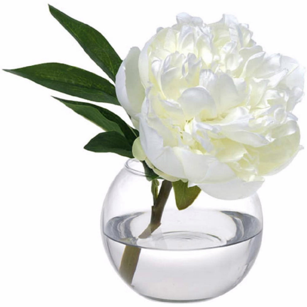 Diane James White peony blossom in glass bowl