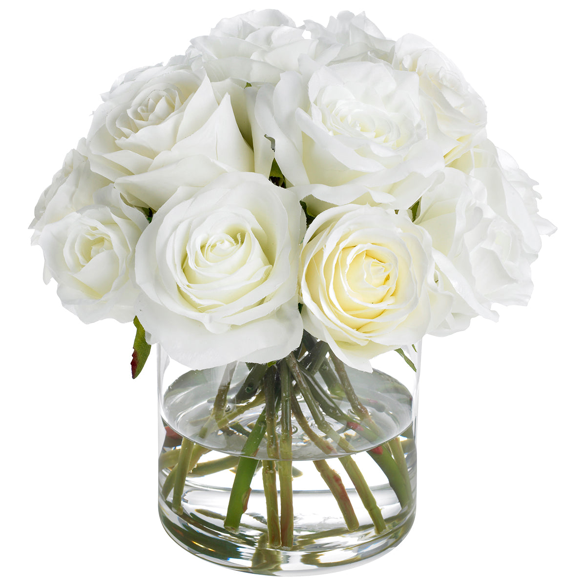 An image of Diane James White roses in glass cylinder