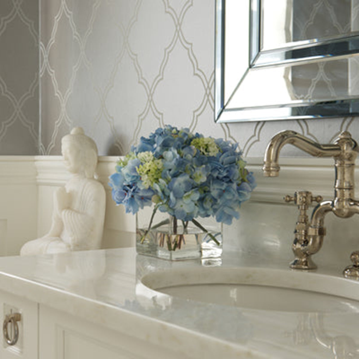 Diane James BLOOMS Blue hydrangea and snowball bouquet in glass cube