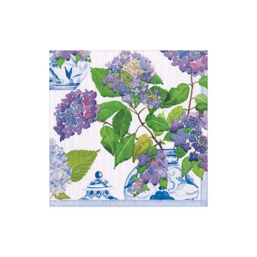 An image of Caspari Hydrangeas & Porcelain Cocktail Napkins