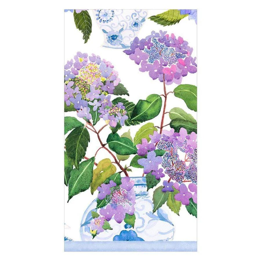 An image of Caspari Hydrangeas And Porcelain Guest Towels