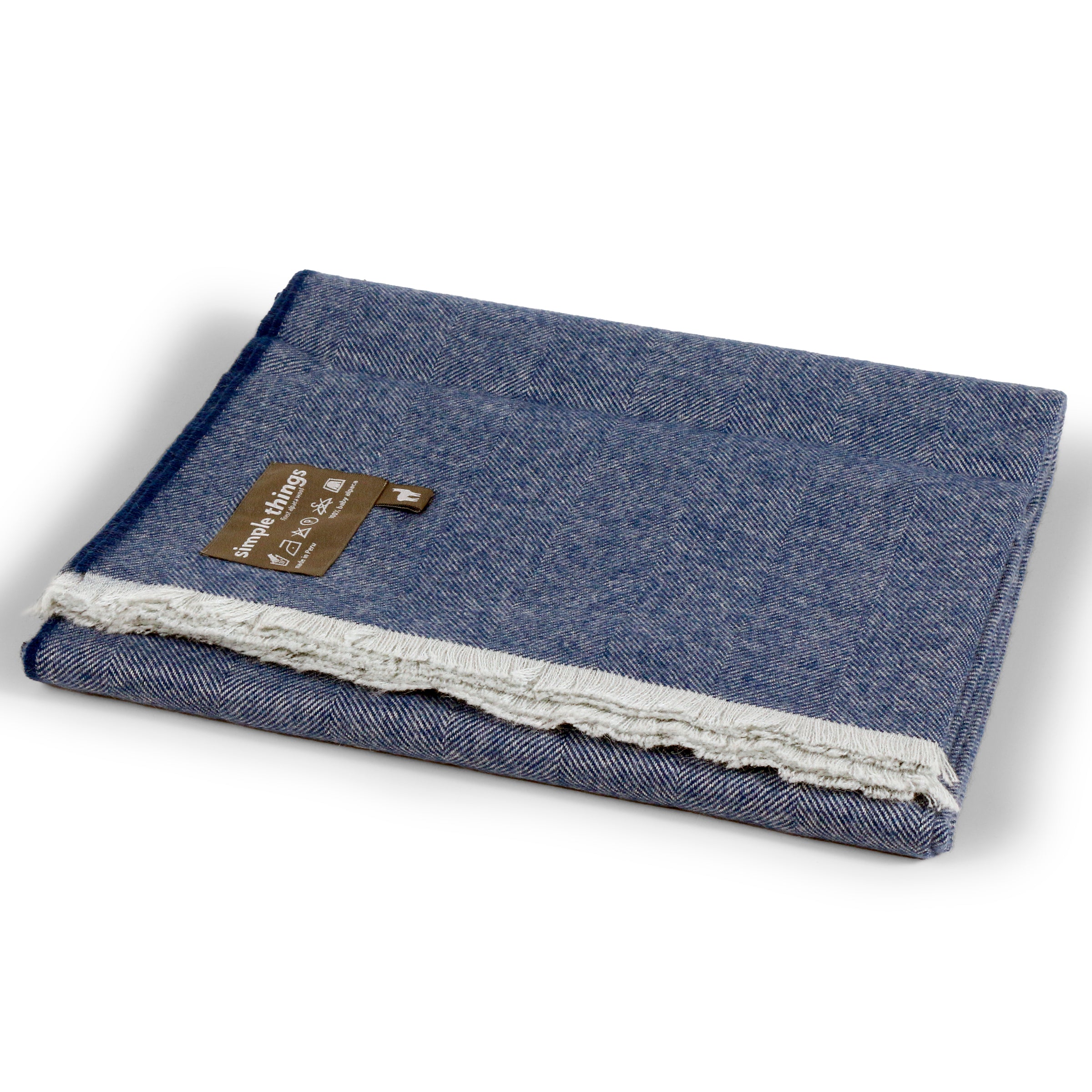 Simple Things 100% Premium Baby Alpaca Throw - Herringbone Blue - Eyelash Fringe