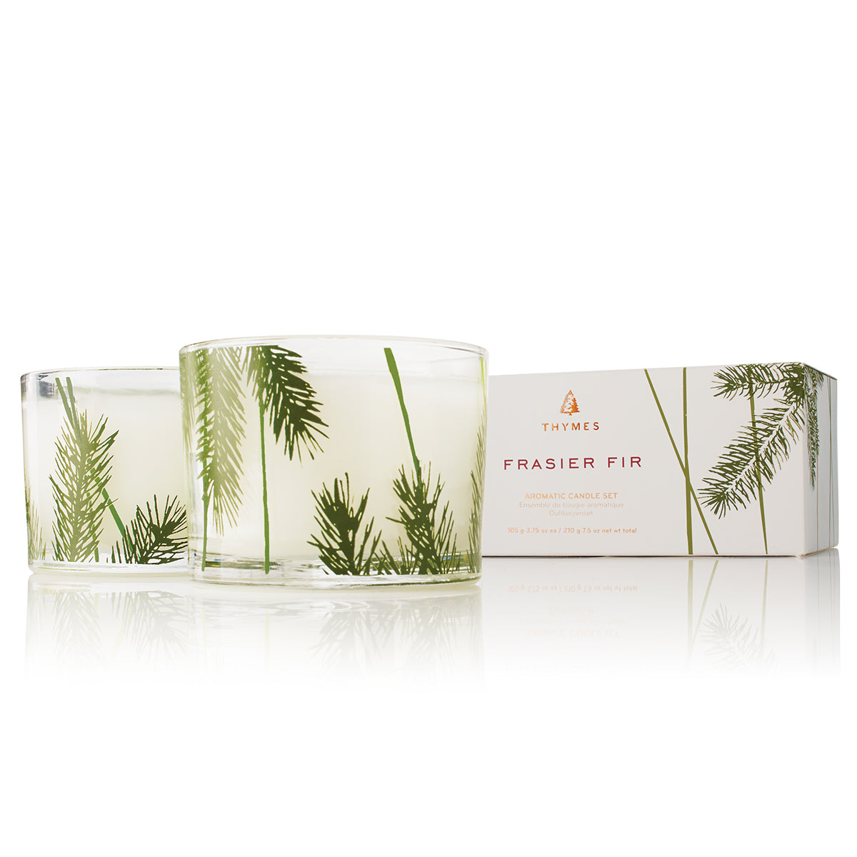An image of Thymes Frasier Fir Pine Needle Design Poured Candle Set