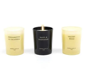 Cereria Molla 3 Votive Luxury Candle Gift Set Bergamotto di calabria and Basil and Mandarin and Velvet Wood.