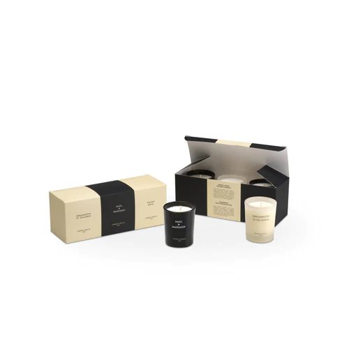An image of Cereria Molla Bergamotto di calabria, Basil & Mandarin, Velvet Wood Votive Candle Gift Set