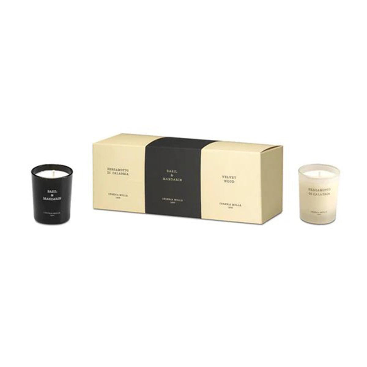 An image of Cereria Molla Bergamotto di calabria, Basil & Mandarin, Velvet Wood Votive Candle Gift Set