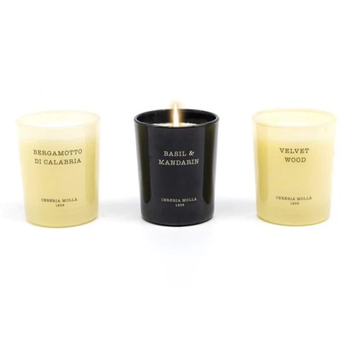 An image of Cereria Molla Bergamotto di calabria, Basil & Mandarin, Velvet Wood Votive Candle Gift Set