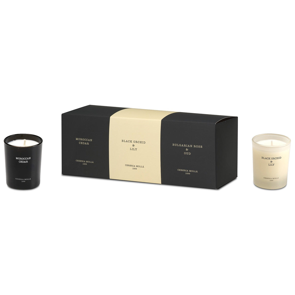 An image of Cereria Molla Bulgarian Rose, Black Orchid and Lily, Moroccan Cedar Votive Candle Gift Set