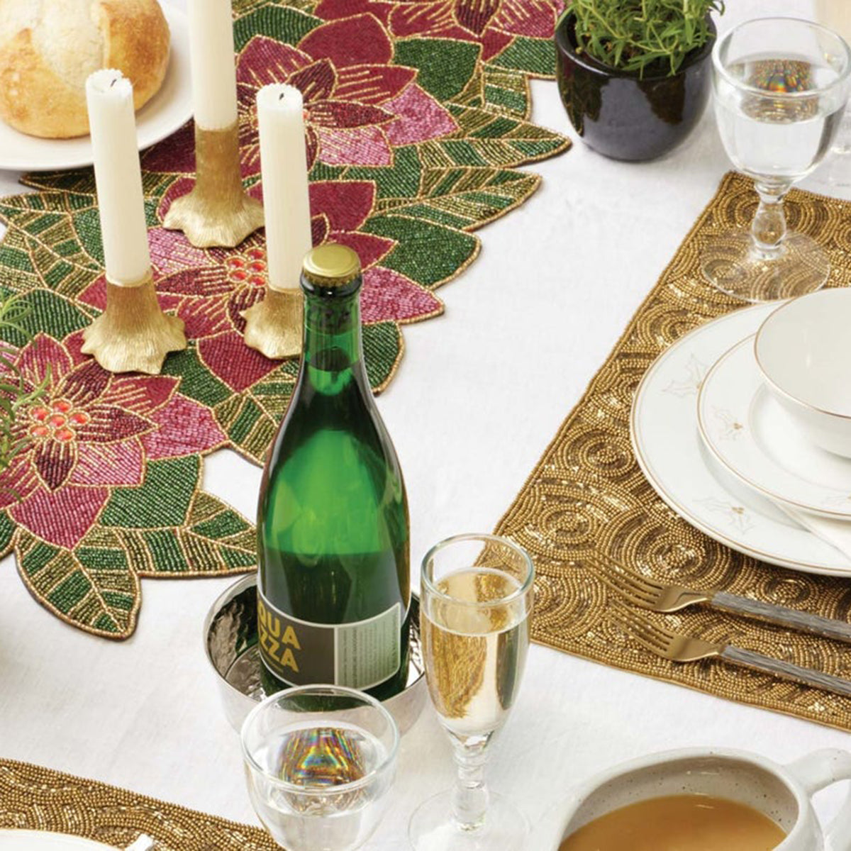 An image of Blue Pheasant Marissa Poinsettia Décor Glass Beads Table Runner