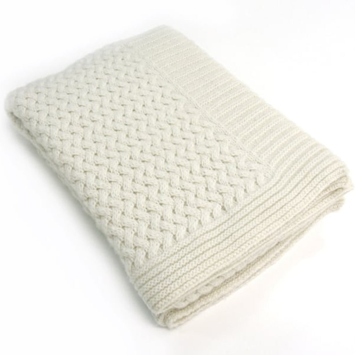 An image of Cobi cashmere Florence throw 75% wool/ 25% Cashmere knit throw with stripe knitted border #1 white