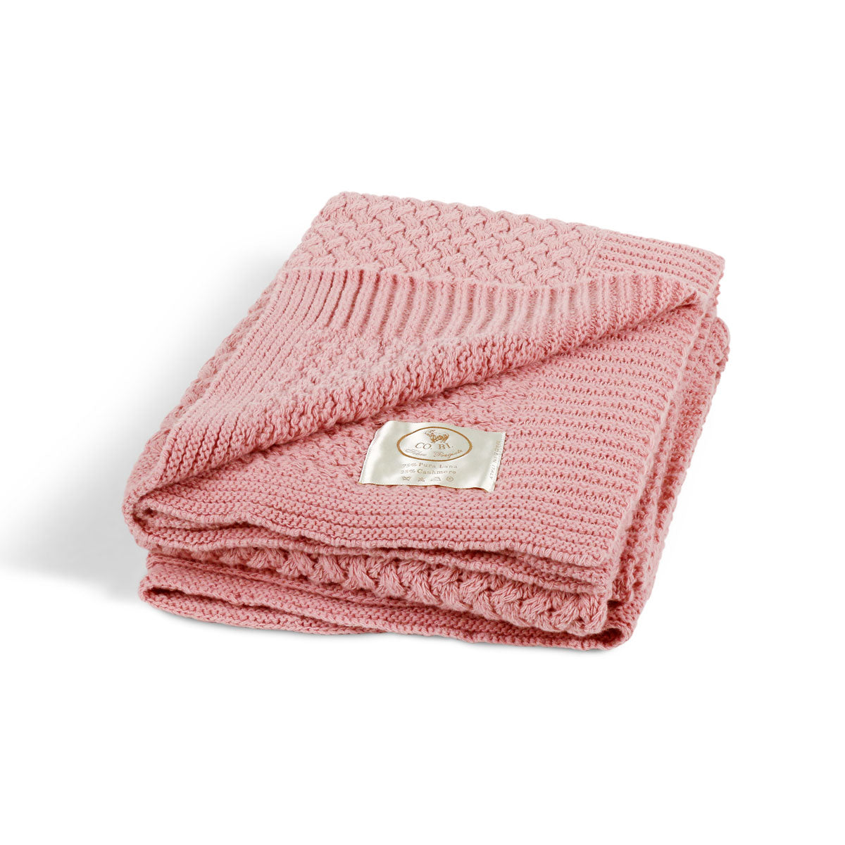 Cobi cashmere Florence throw 75% wool/ 25% Cashmere knit throw with stripe knitted border #6 Blush