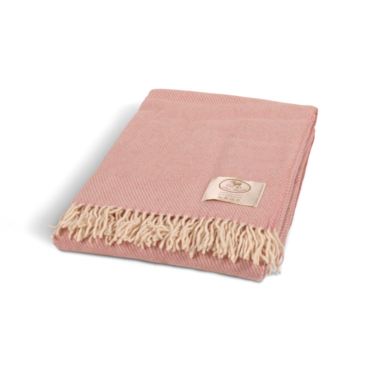 An image of Cobi cashmere Lexy throw 75% wool/ 25% Cashmere herringbone design #8 blush