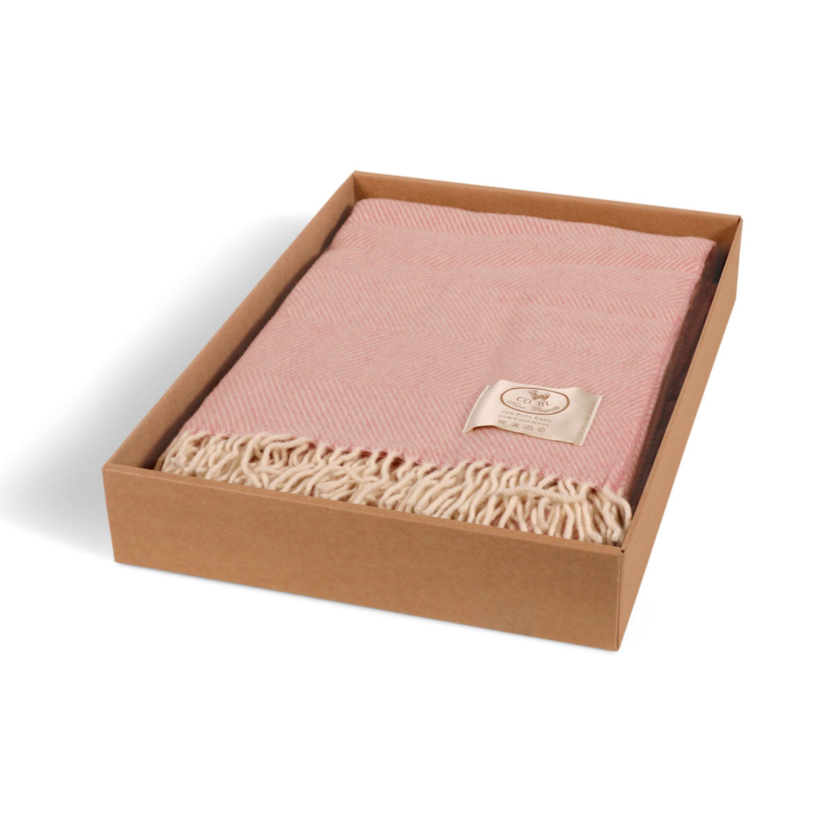 An image of Cobi cashmere Lexy throw 75% wool/ 25% Cashmere herringbone design #8 blush